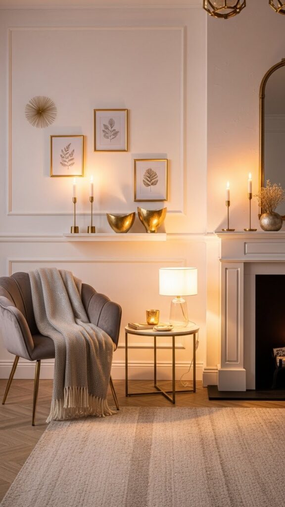 Off-white and muted gold January color palette for cozy winter decor