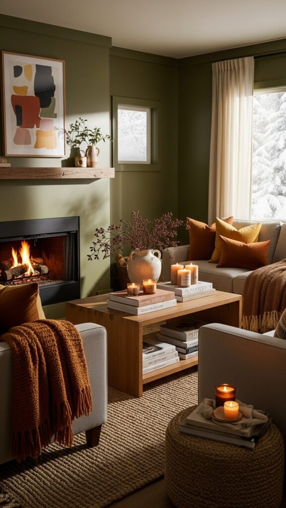 Olive green and beige January color palette for cozy winter decor