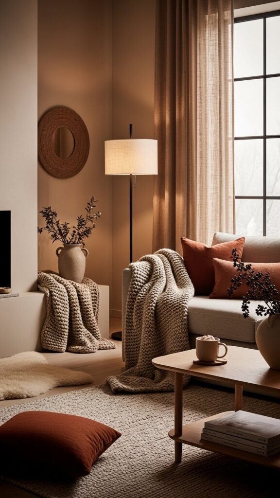 Sand beige and terracotta January color palette for winter interiors