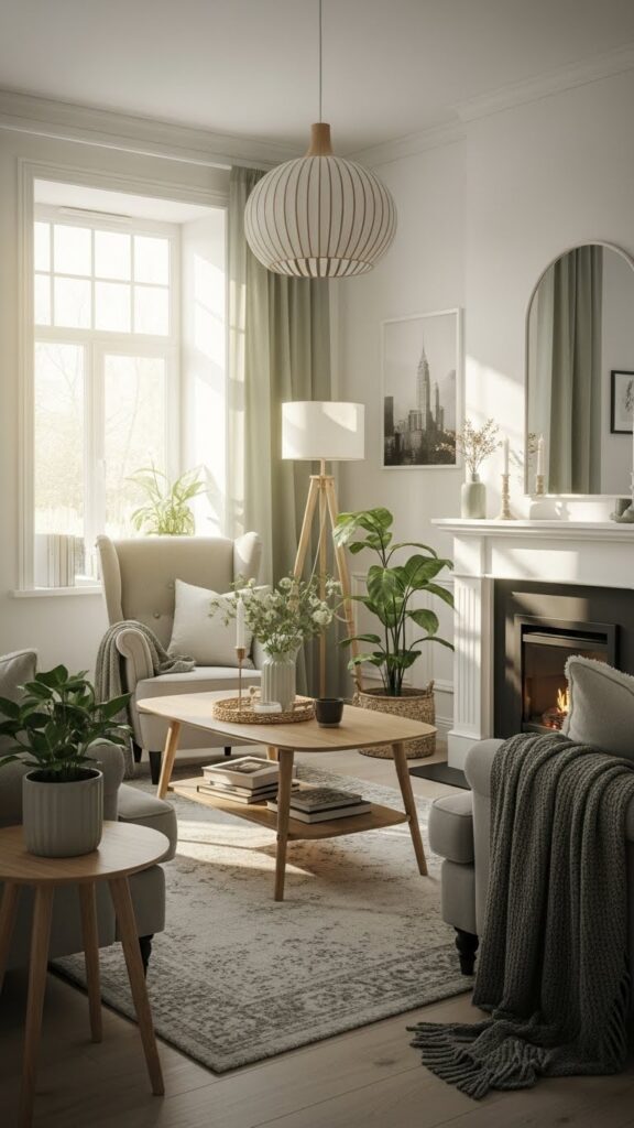 Soft white and muted green January color palette for winter decor