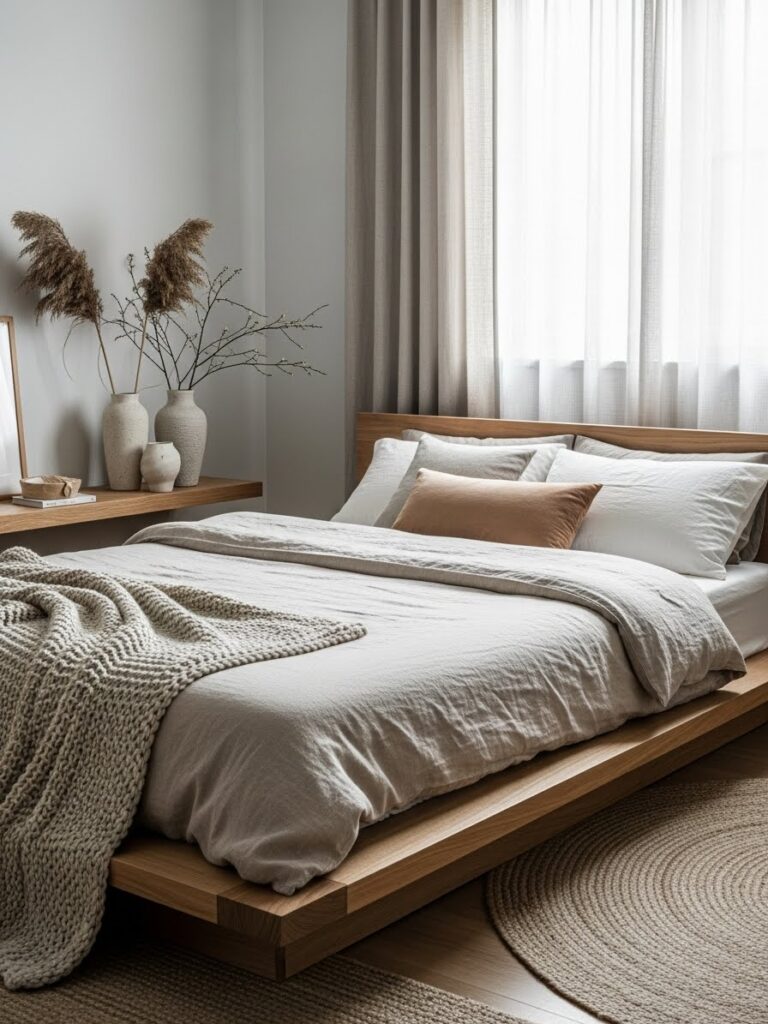 Japandi bedroom with low bed design