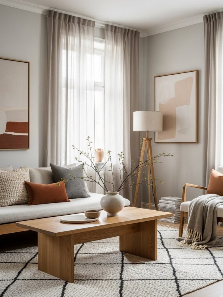 Japandi winter decor ideas with natural wood and neutral tones