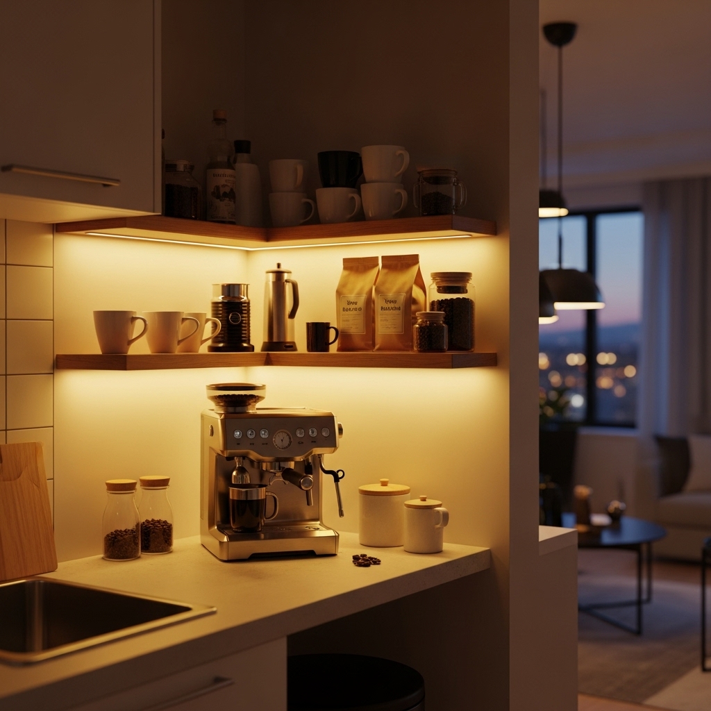 Coffee bar setup in a small kitchen corner