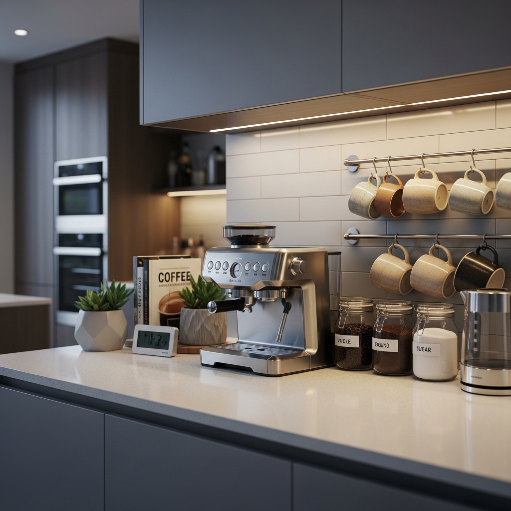Simple kitchen counter coffee bar setup for daily use