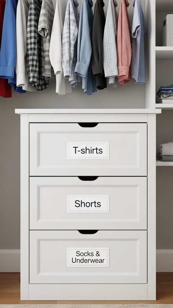 Dresser drawers with clear labels organizing kids t-shirts, shorts, and undergarments by category