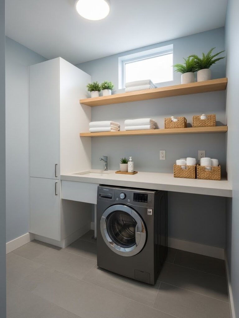 Laundry room storage ideas with floating shelves