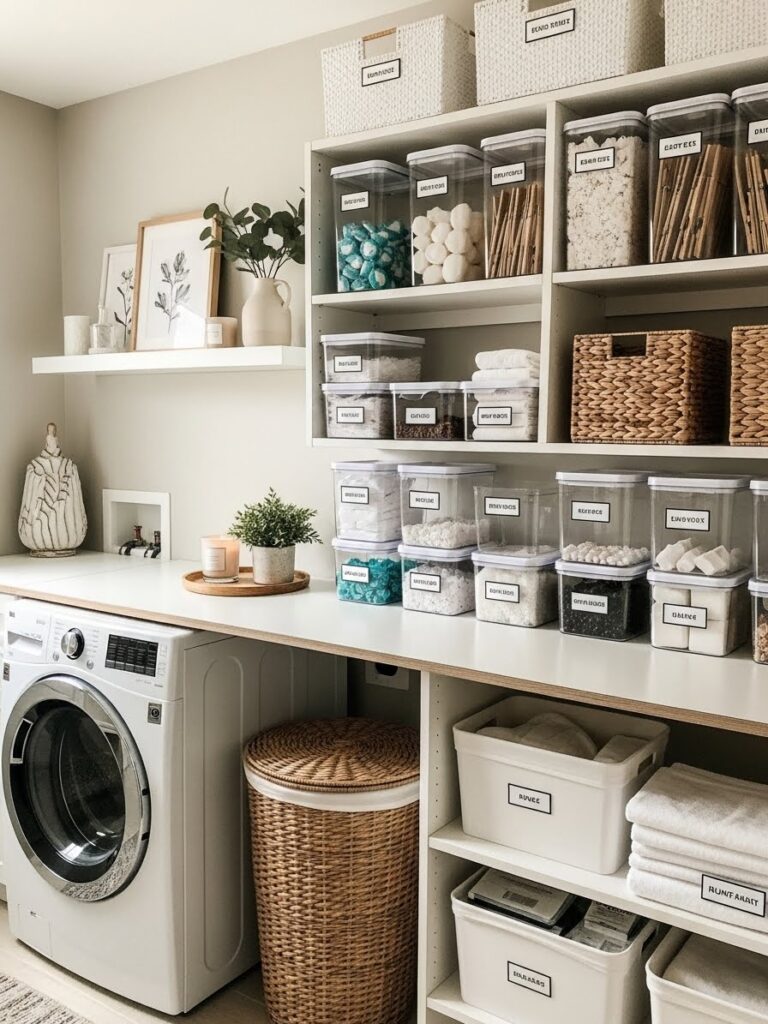 Laundry room organization ideas with labeled containers