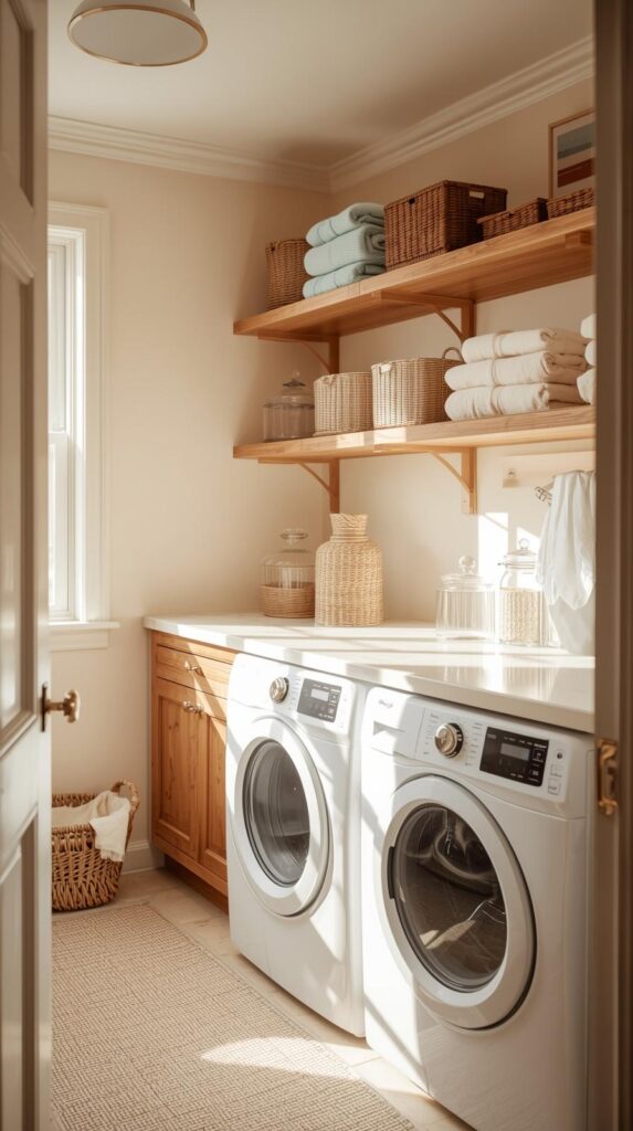 Open shelving laundry room ideas with colorful towels and baskets