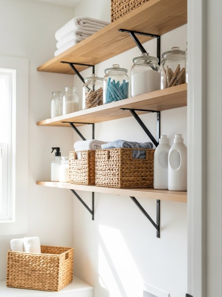 Laundry room open shelving organization ideas