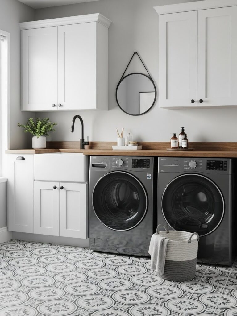 Laundry room ideas with patterned tile flooring