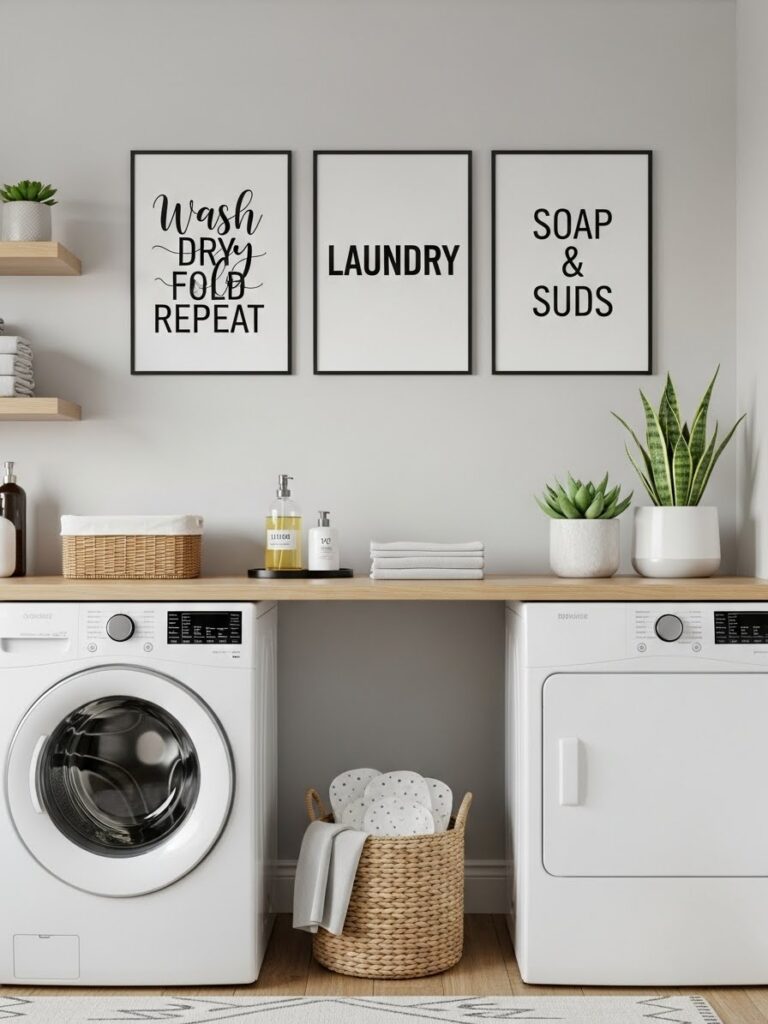 Laundry room decor ideas with wall art