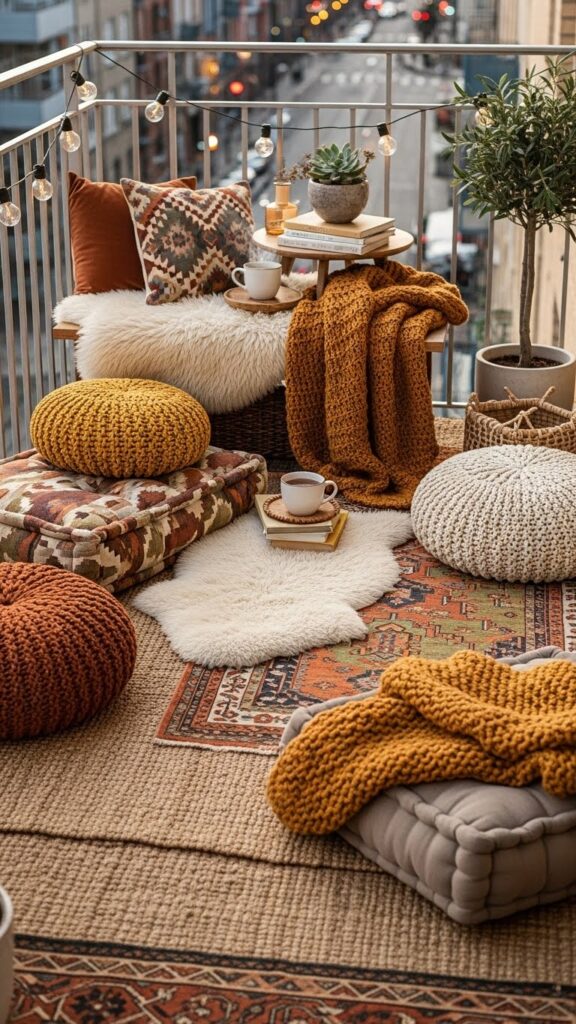 cozy balcony decor ideas with layered textiles