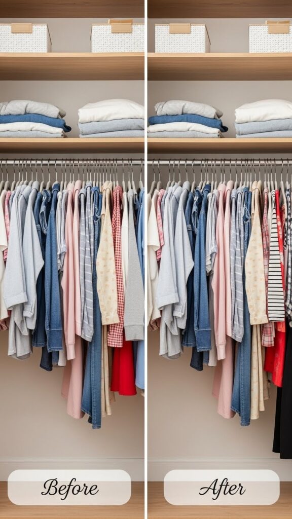 Space comparison showing more kids clothes fitting on closet rod using slim hangers versus regular hangers