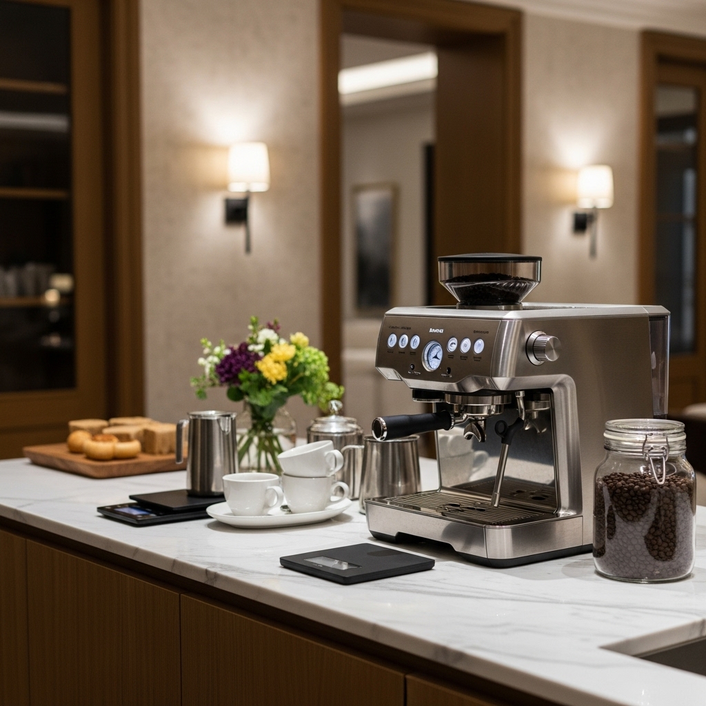 Luxury coffee bar with marble countertop and modern styling