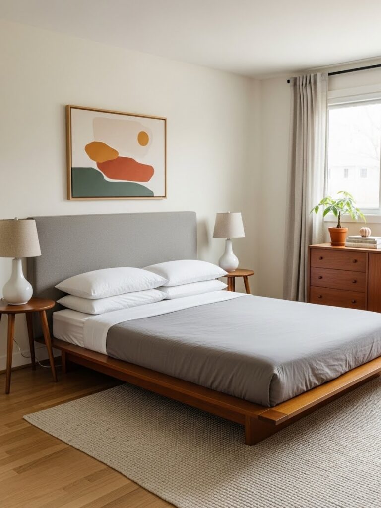 Neutral mid century modern bedroom