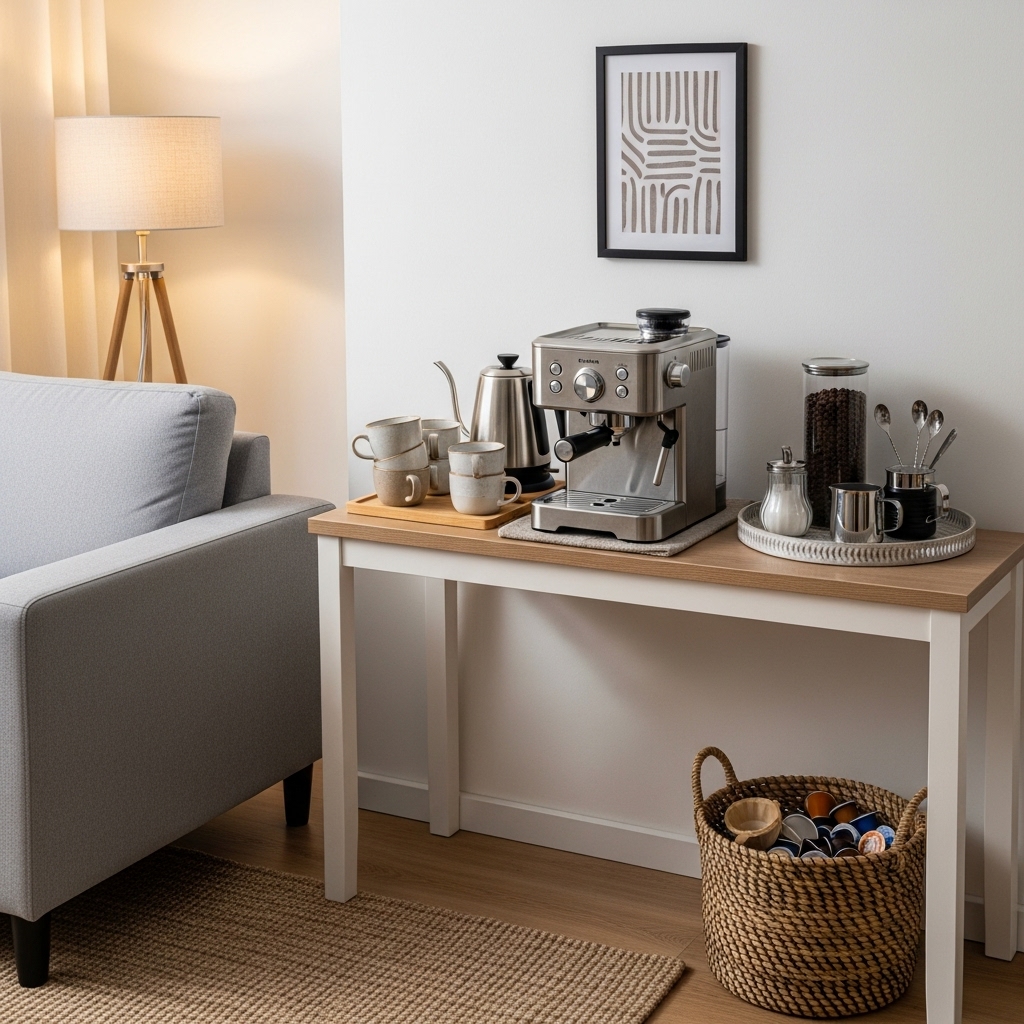 Mini coffee bar on a slim console table