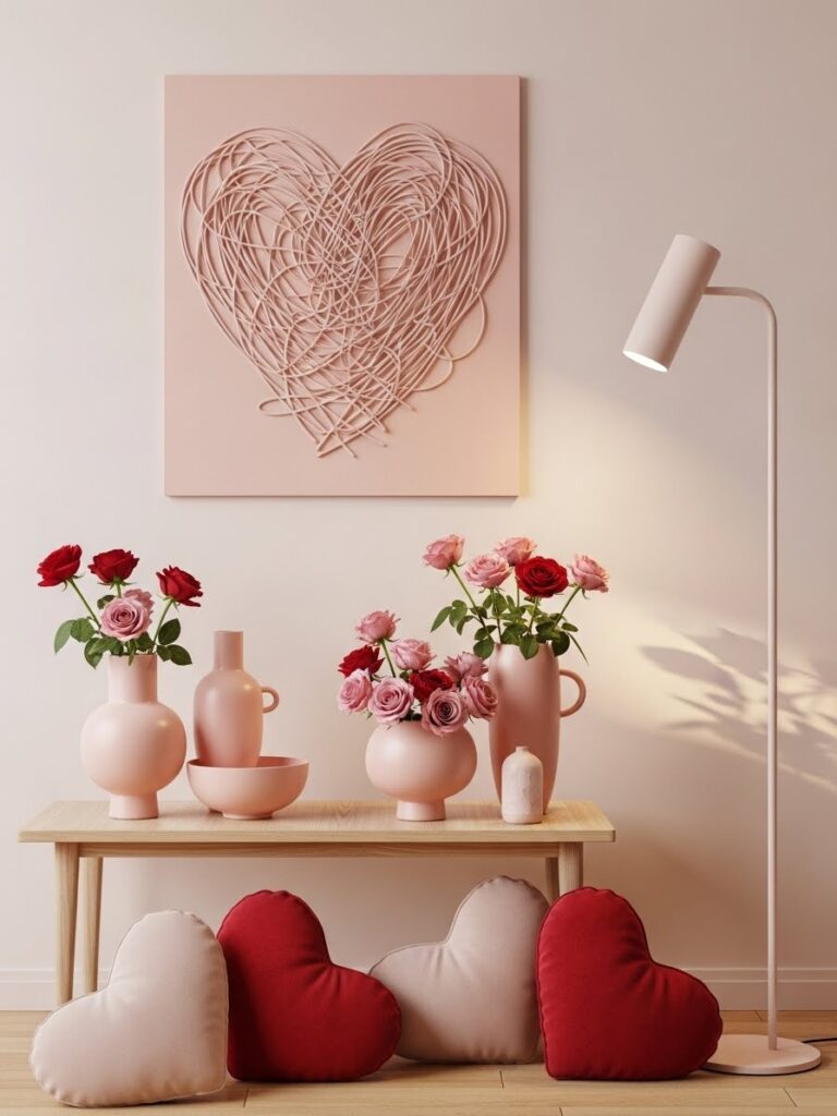Minimal Valentine decor with blush pink and rose accents