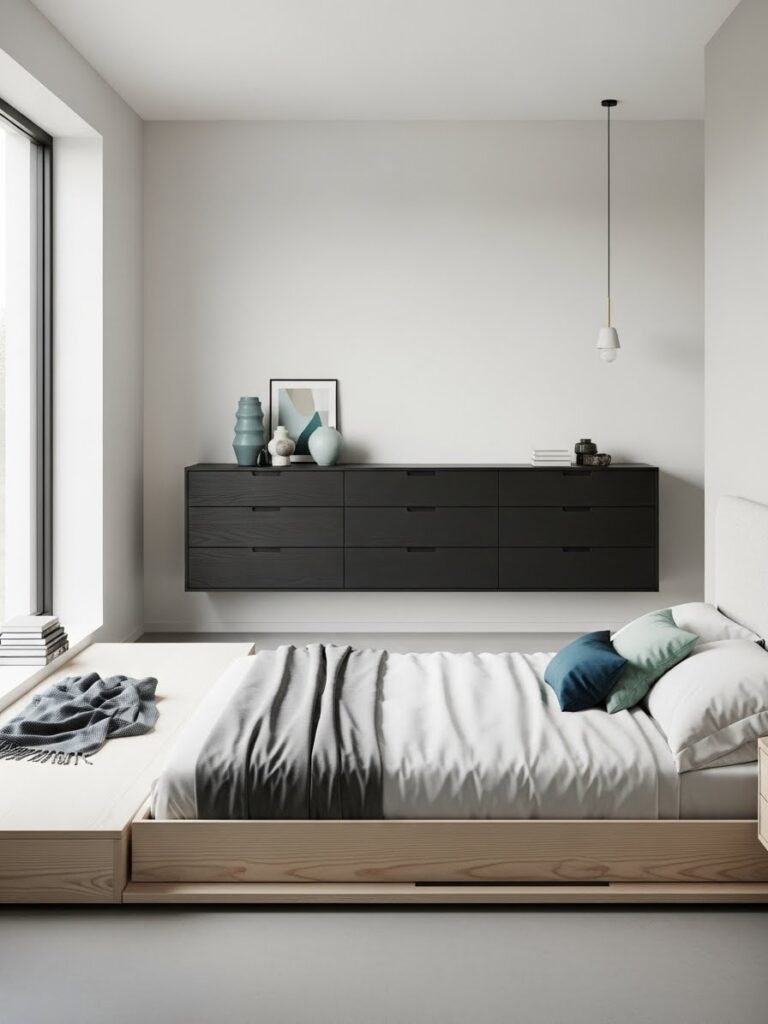 Minimalist bedroom with hidden storage solutions