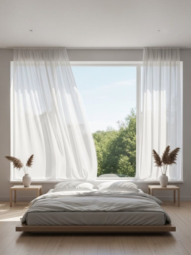 Minimalist bedroom with natural sunlight