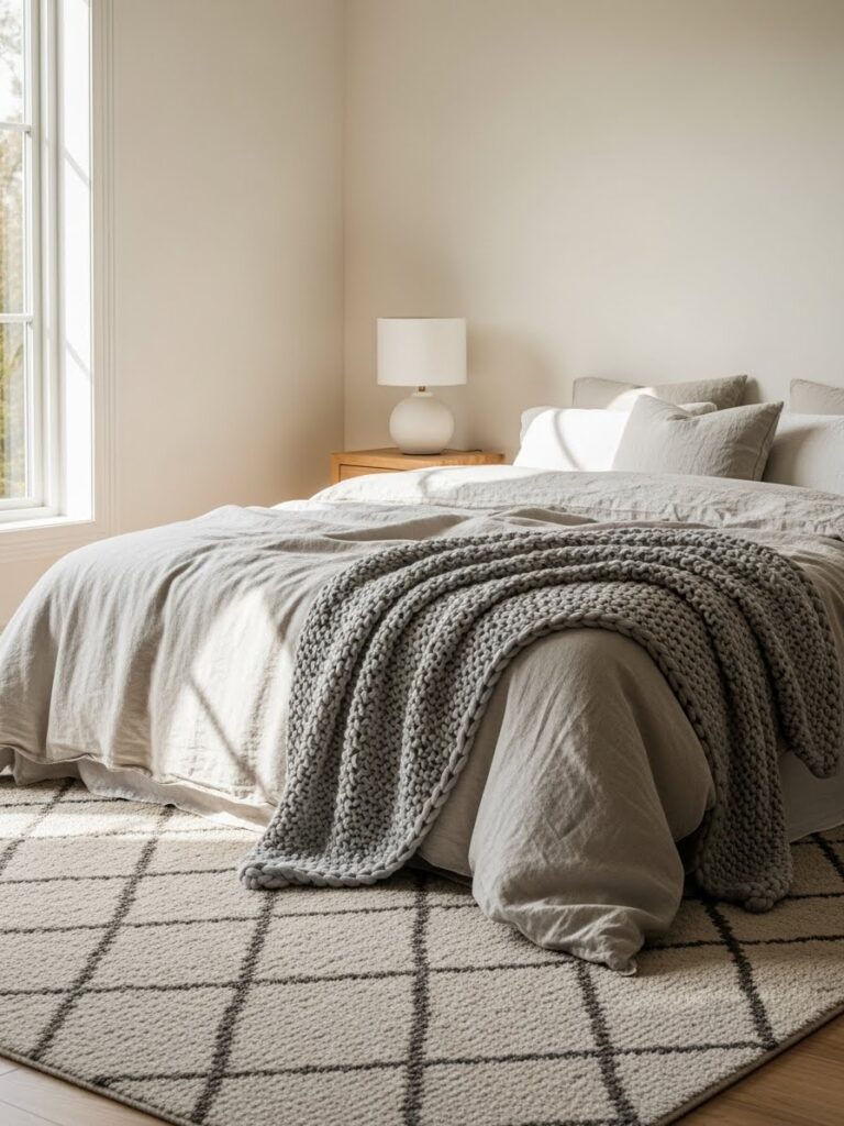 Minimalist bedroom with soft layered textures