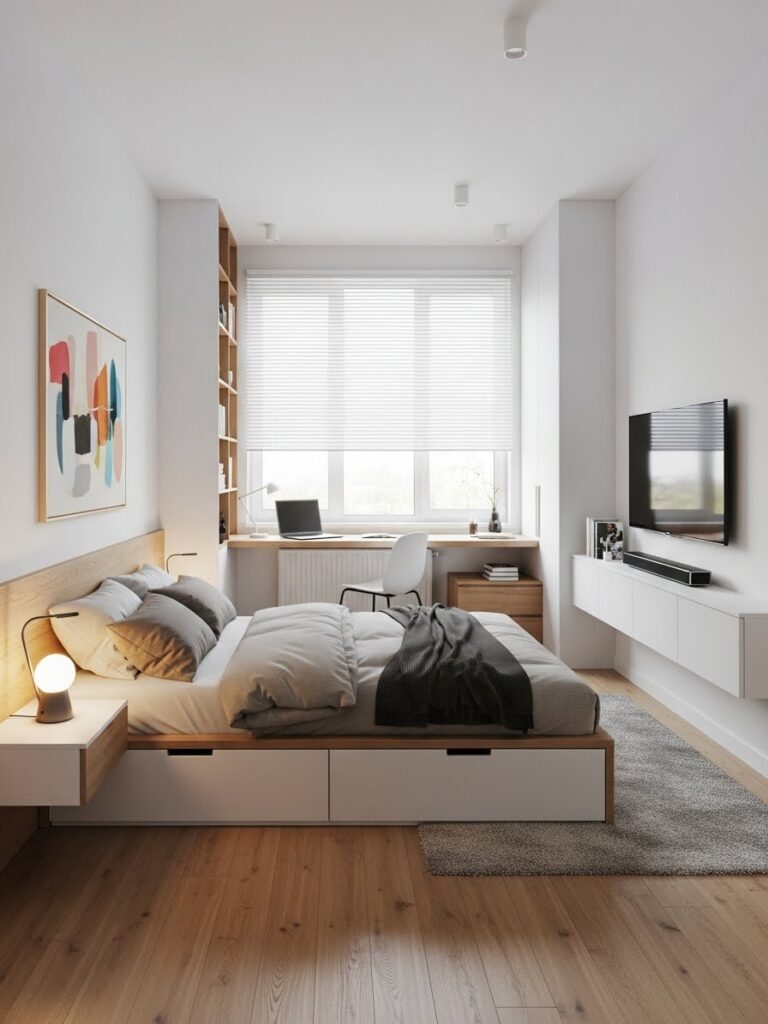 Functional modern bedroom design, smart furniture placement, minimal accessories, cozy yet uncluttered look
