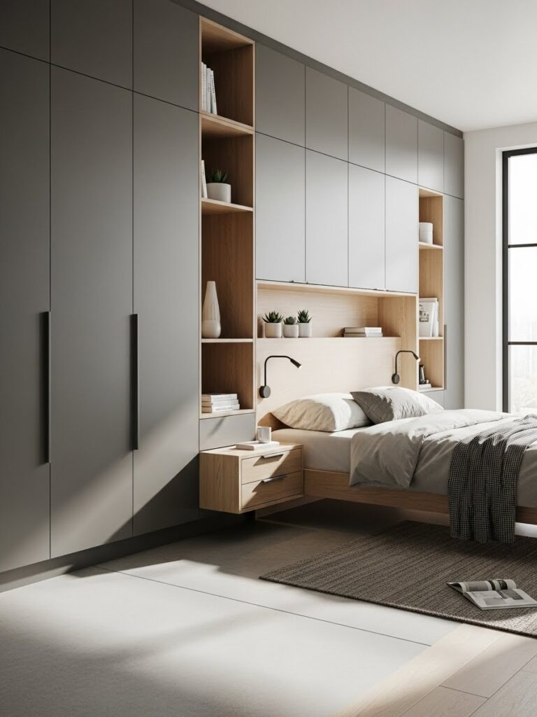 Modern bedroom layout with built-in storage