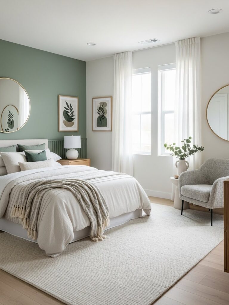 Modern bedroom with muted green accents