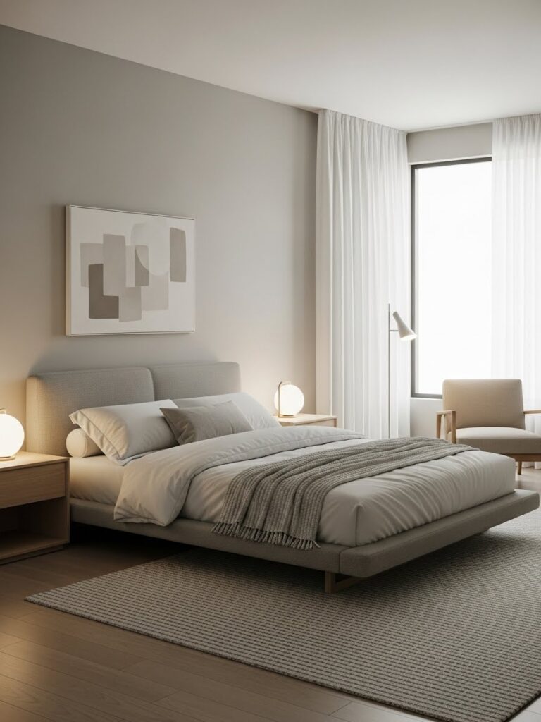 Neutral modern bedroom with balanced layout
