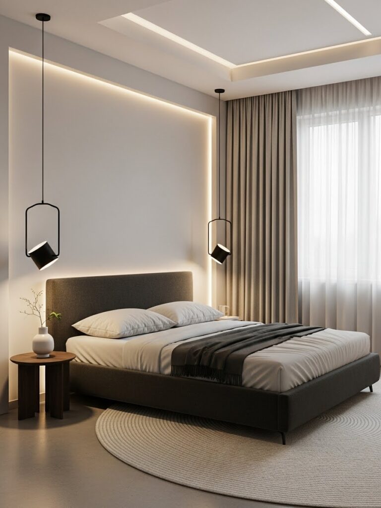 Modern bedroom with pendant lighting