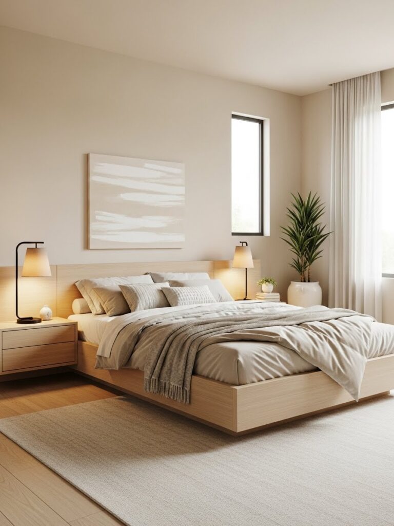 Modern bedroom with warm neutral color palette