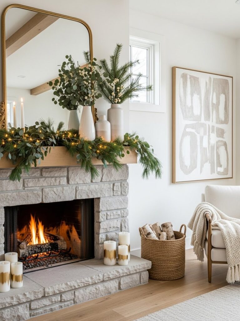 Modern fireplace Christmas decor inspiration