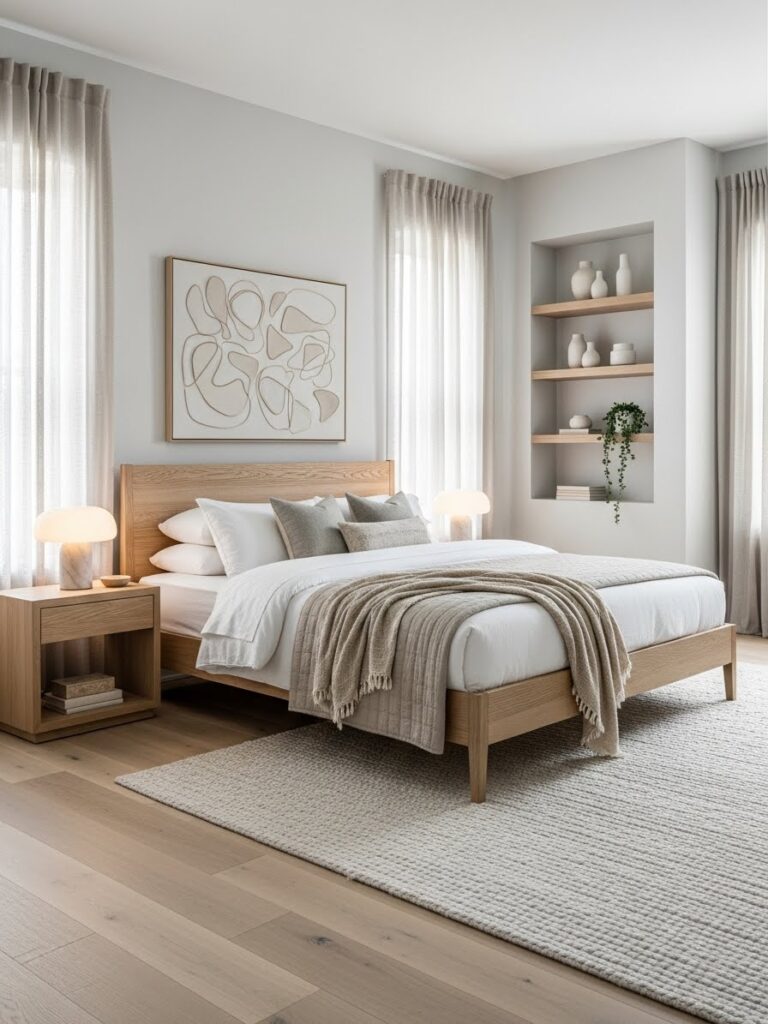 Modern neutral bedroom with wood accents