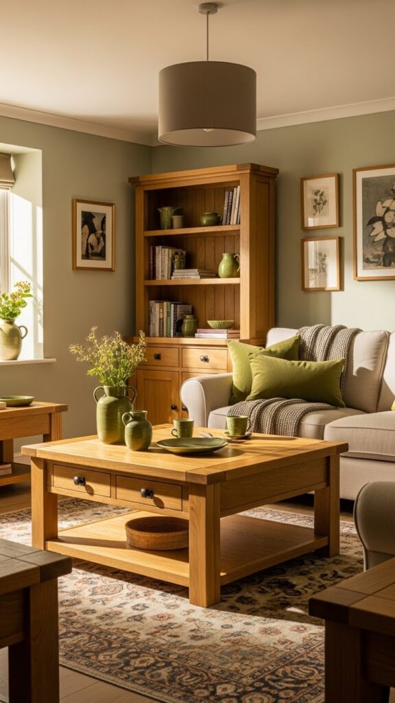 Golden wood and olive green tones in earthy cottage home decor.