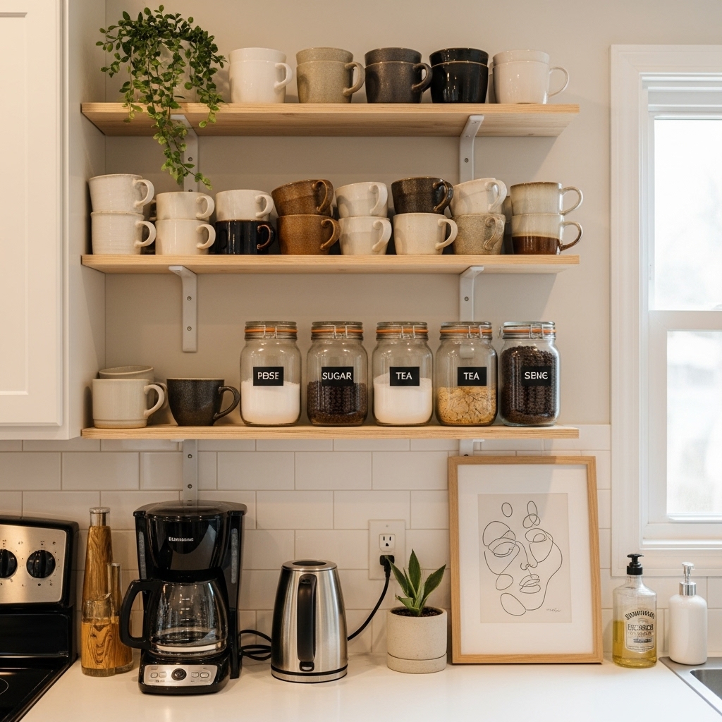 Open shelf coffee bar with mugs and jars in kitchen