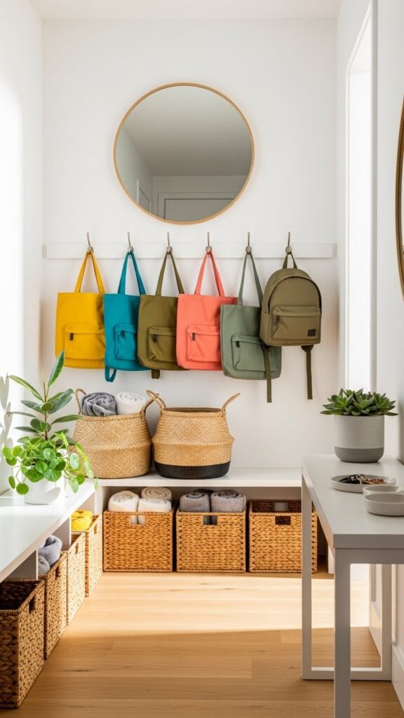 Organization aesthetic entryway with colorful storage baskets