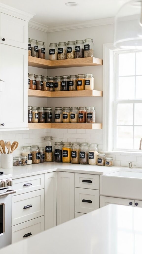 Organization aesthetic kitchen with colorful jars and clean layout