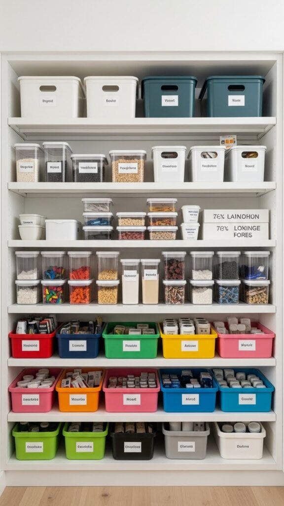 Organization aesthetic storage with labeled colorful containers