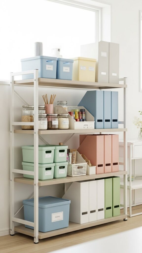 Organization aesthetic using matching colorful storage containers