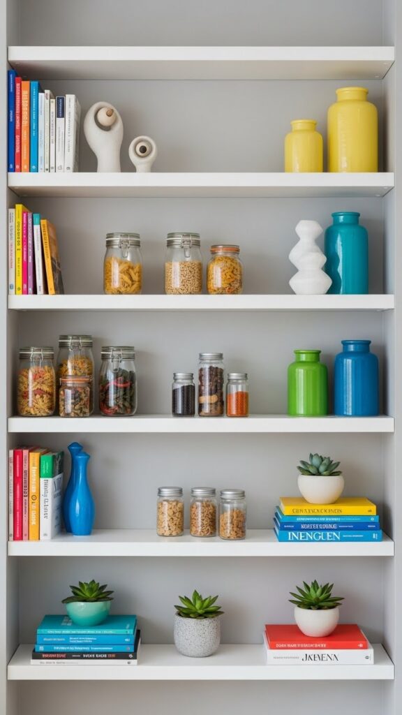 Organization aesthetic open shelving with colorful decor