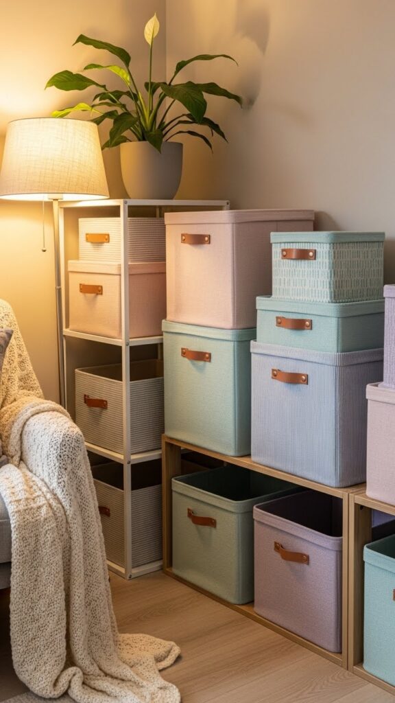 Organization aesthetic with colorful fabric storage bins