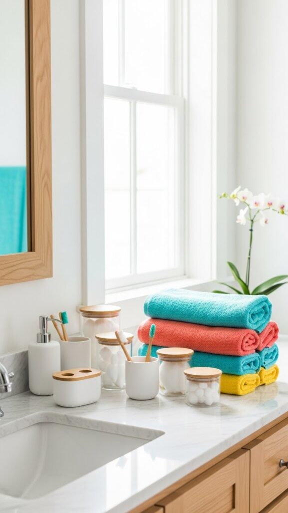 Organized aesthetic bathroom with colorful accessories