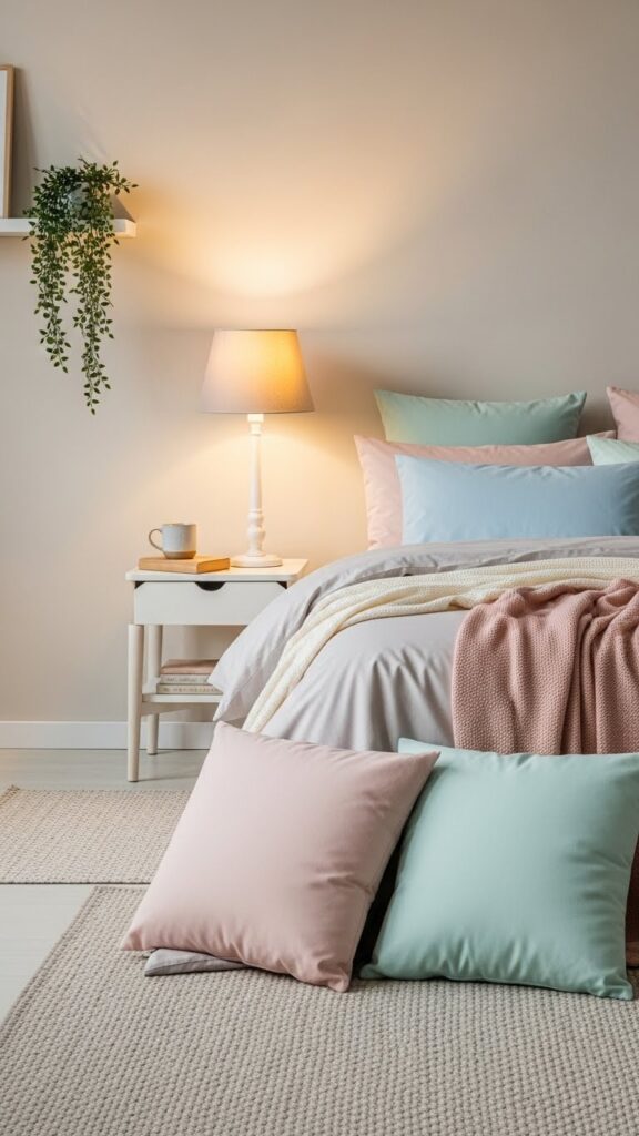 Organized aesthetic bedroom with calm colors and minimal styling