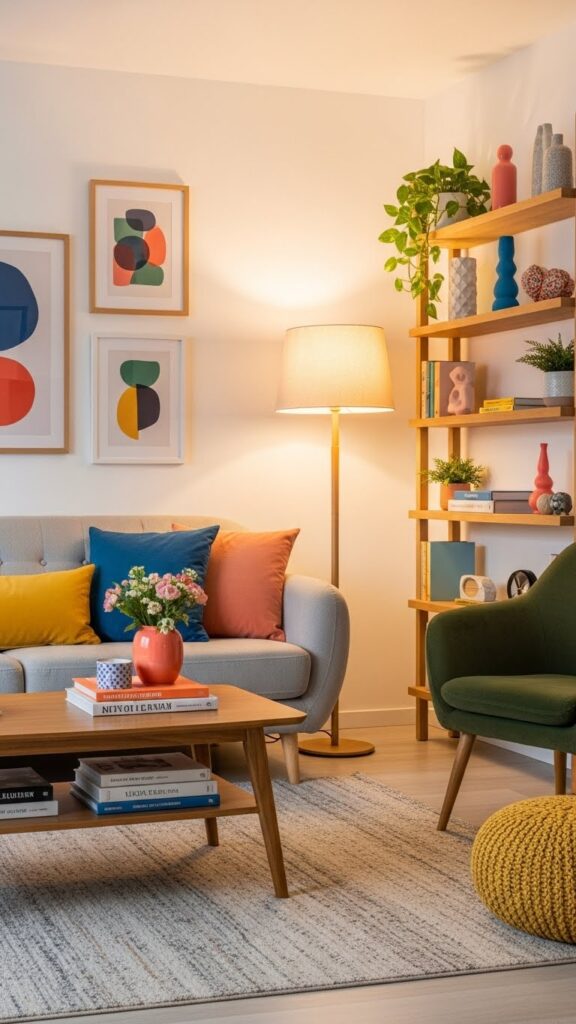 Organized aesthetic interior with calm lighting and color accents