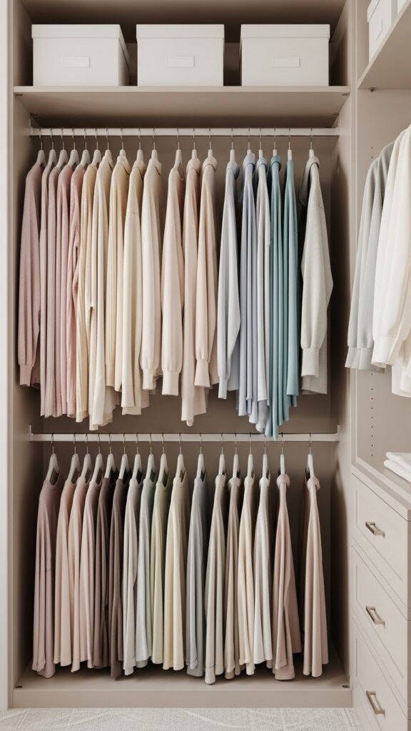 Organized aesthetic closet with colorful folded clothes