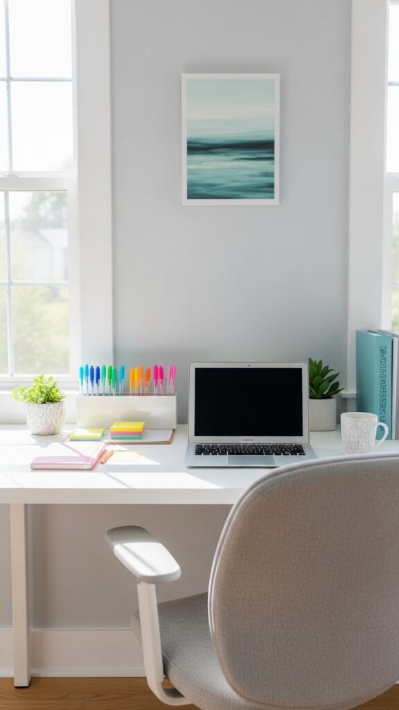 Organized aesthetic home office with colorful desk setup