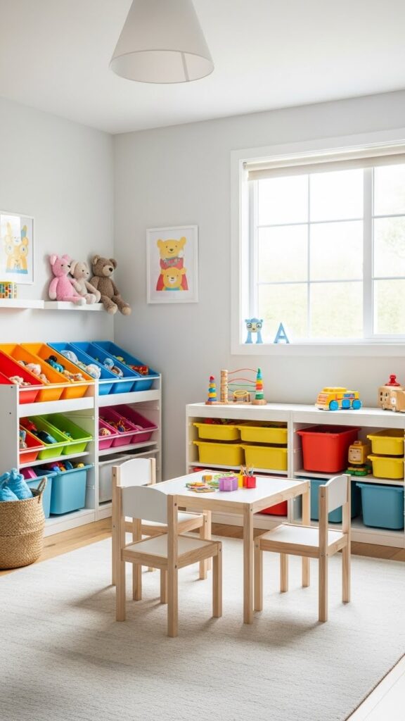 Organized aesthetic kids room with colorful toy storage