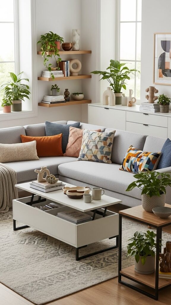 Organized aesthetic living room with colorful accents and clean styling