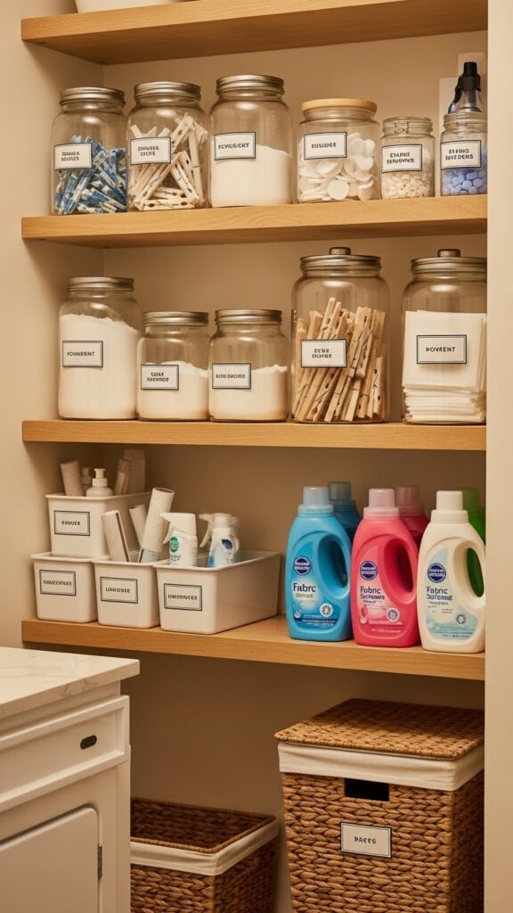 Organized laundry room ideas with clear jars and containers