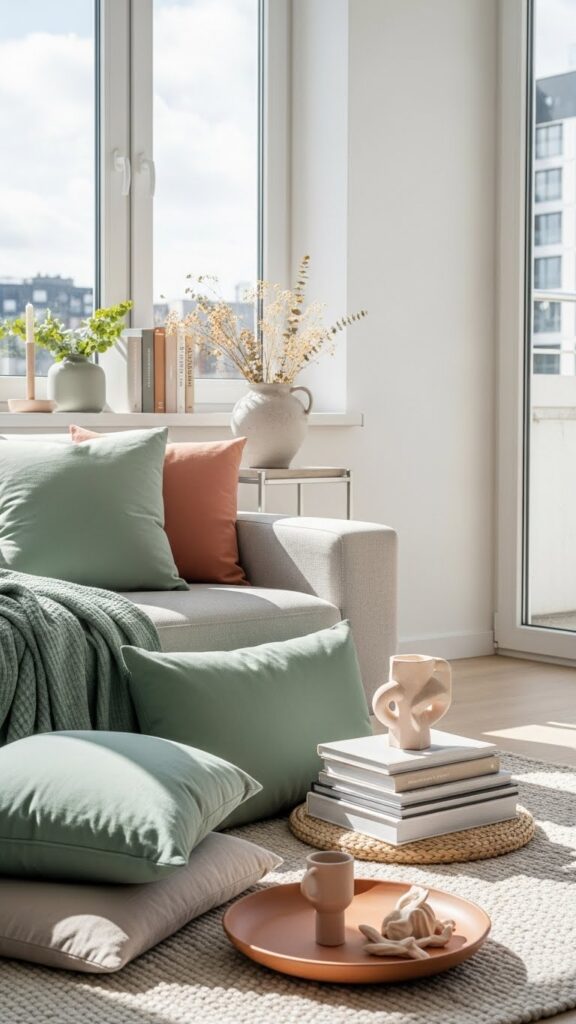 Organized life aesthetic with clean open surfaces and colorful minimal decor