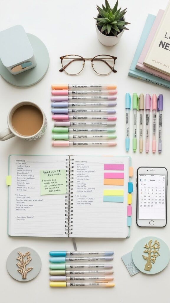Organized life aesthetic daily reset routine with colorful planner setup